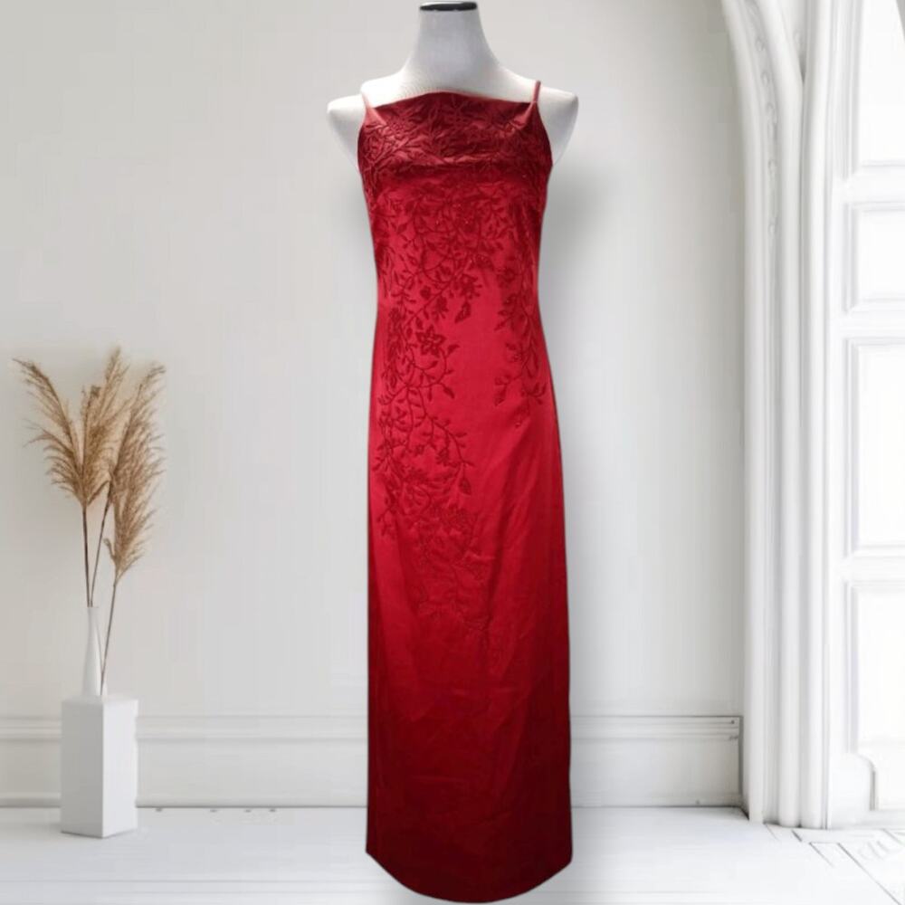 Vintage 90s Red Beaded Stretch Satin Formal Gown Square Neck Sz 10